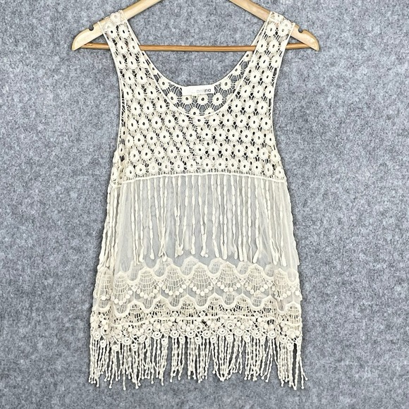 Aniina Womens‎ Boho Sheer Crochet Fringe Sleeveless Top Size S/M Lace Ethereal - Picture 1 of 6